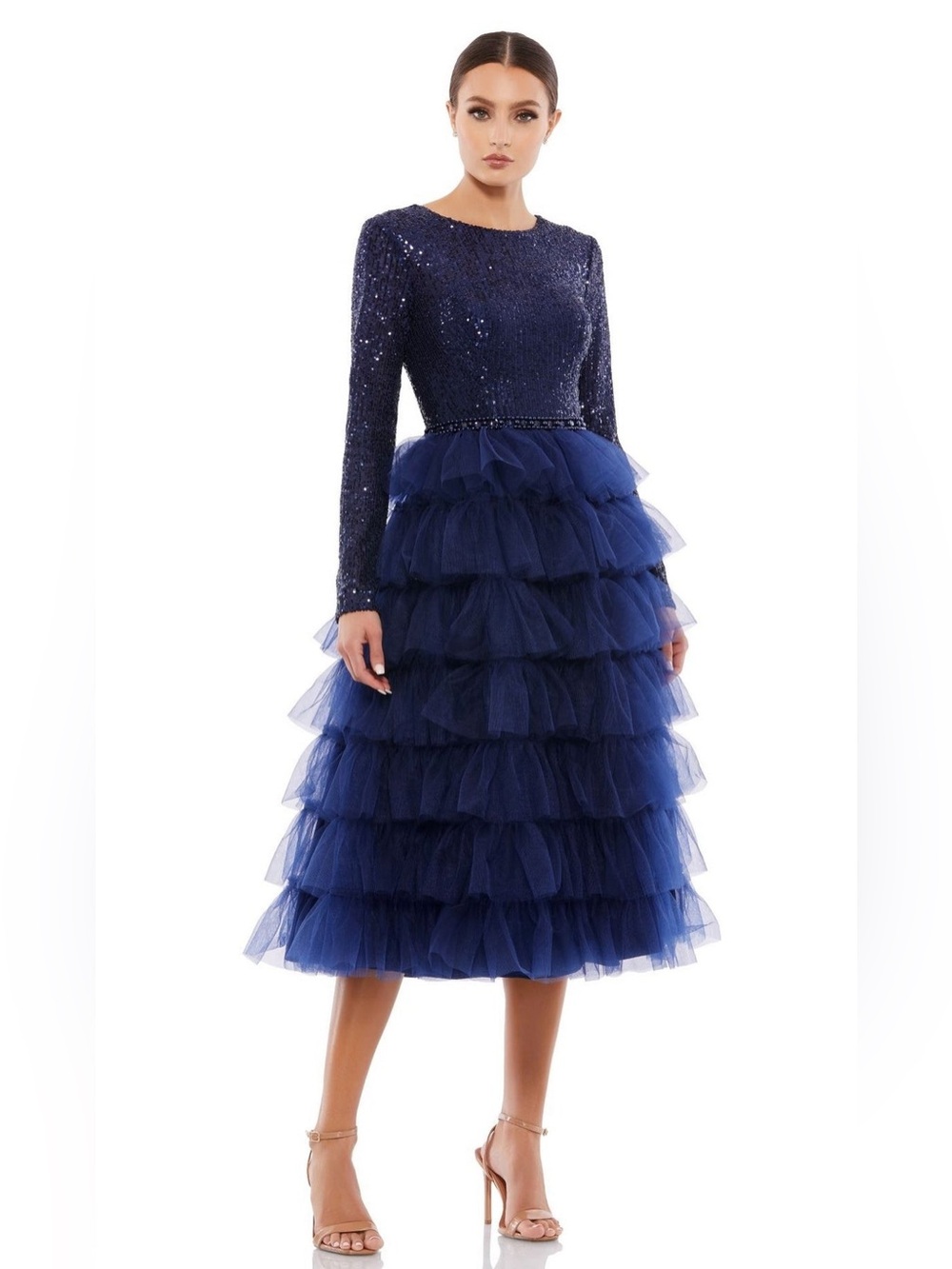 Ieena for Mac Duggal Long Sleeve Tiered Sequins Tulle Midi Dress Navy Sz 2 26299